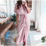 Amazon Women Summer Elegant Button Ruched Bandage Shirt Dress Fashion Casual Short Sleeve Solid V Neck Beach Maxi Dress