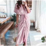 Amazon Women Summer Elegant Button Ruched Bandage Shirt Dress Fashion Casual Short Sleeve Solid V Neck Beach Maxi Dress