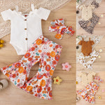 Baby Girl Solid Suspender+Pants Lovely T-Shirt Tops+Bell Bottoms 3 Piece Cute Tops+Floral Flare Pants Kids Clothes