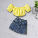 2pcs Short Sleeve Top+Denim Skirt Off Shoulder Kids Top Denim Buttons Skirt Set Casual  Children Clothing for Baby Girls