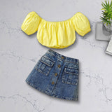 2pcs Short Sleeve Top+Denim Skirt Off Shoulder Kids Top Denim Buttons Skirt Set Casual  Children Clothing for Baby Girls