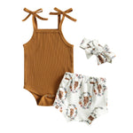 3pcs Sleeveless Knitted Jumpsuit Printed Shorts Headband  Summer Clothes Set 2023 Summer Baby Clothes Toddler Girl Baby Tops