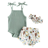 3pcs Sleeveless Knitted Jumpsuit Printed Shorts Headband  Summer Clothes Set 2023 Summer Baby Clothes Toddler Girl Baby Tops