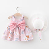 Children Baby Girl Bow Floral Dress And Hat Set Summer Sleeveless Printed Cotton Sweet Princess Dresses Casual Kids Clothing