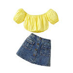 2pcs Short Sleeve Top+Denim Skirt Off Shoulder Kids Top Denim Buttons Skirt Set Casual  Children Clothing for Baby Girls