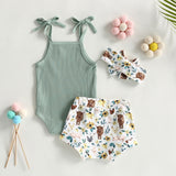 3pcs Sleeveless Knitted Jumpsuit Printed Shorts Headband  Summer Clothes Set 2023 Summer Baby Clothes Toddler Girl Baby Tops