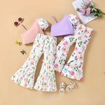 Baby Girls Clothes Set 2 Piece Floral Print Crop Top+Flared Pants Casual Patchwork Vest+Bell Bottoms Pants Set