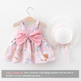 Children Baby Girl Bow Floral Dress And Hat Set Summer Sleeveless Printed Cotton Sweet Princess Dresses Casual Kids Clothing