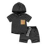 Baby Boy Hoodie Top+Shorts 2 Piece Striped T Shirt+Short Pants Casual Newborn Summer Outfit Set Hooded+Tie Front Short Pants