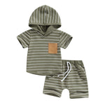 Baby Boy Hoodie Top+Shorts 2 Piece Striped T Shirt+Short Pants Casual Newborn Summer Outfit Set Hooded+Tie Front Short Pants