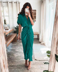 Amazon Women Summer Elegant Button Ruched Bandage Shirt Dress Fashion Casual Short Sleeve Solid V Neck Beach Maxi Dress