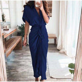 Amazon Women Summer Elegant Button Ruched Bandage Shirt Dress Fashion Casual Short Sleeve Solid V Neck Beach Maxi Dress