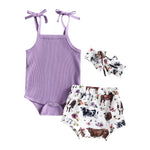 3pcs Sleeveless Knitted Jumpsuit Printed Shorts Headband  Summer Clothes Set 2023 Summer Baby Clothes Toddler Girl Baby Tops