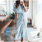 Amazon Women Summer Elegant Button Ruched Bandage Shirt Dress Fashion Casual Short Sleeve Solid V Neck Beach Maxi Dress