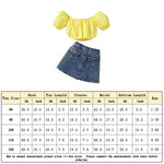 2pcs Short Sleeve Top+Denim Skirt Off Shoulder Kids Top Denim Buttons Skirt Set Casual  Children Clothing for Baby Girls