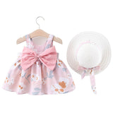 Children Baby Girl Bow Floral Dress And Hat Set Summer Sleeveless Printed Cotton Sweet Princess Dresses Casual Kids Clothing