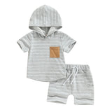 Baby Boy Hoodie Top+Shorts 2 Piece Striped T Shirt+Short Pants Casual Newborn Summer Outfit Set Hooded+Tie Front Short Pants