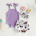 3pcs Sleeveless Knitted Jumpsuit Printed Shorts Headband  Summer Clothes Set 2023 Summer Baby Clothes Toddler Girl Baby Tops