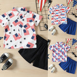 2pcs Boys&#39; Independence Day Button Tops+Short Pants  Short Sleeve T Shirt Shorts Prints Outfits Clothing Suits for Toddler Kids