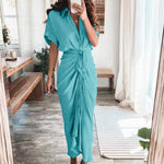 Amazon Women Summer Elegant Button Ruched Bandage Shirt Dress Fashion Casual Short Sleeve Solid V Neck Beach Maxi Dress