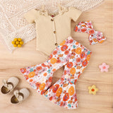 Baby Girl Solid Suspender+Pants Lovely T-Shirt Tops+Bell Bottoms 3 Piece Cute Tops+Floral Flare Pants Kids Clothes