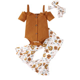 Baby Girl Solid Suspender+Pants Lovely T-Shirt Tops+Bell Bottoms 3 Piece Cute Tops+Floral Flare Pants Kids Clothes