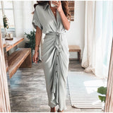 Amazon Women Summer Elegant Button Ruched Bandage Shirt Dress Fashion Casual Short Sleeve Solid V Neck Beach Maxi Dress