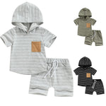 Baby Boy Hoodie Top+Shorts 2 Piece Striped T Shirt+Short Pants Casual Newborn Summer Outfit Set Hooded+Tie Front Short Pants