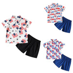 2pcs Boys&#39; Independence Day Button Tops+Short Pants  Short Sleeve T Shirt Shorts Prints Outfits Clothing Suits for Toddler Kids