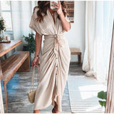 Amazon Women Summer Elegant Button Ruched Bandage Shirt Dress Fashion Casual Short Sleeve Solid V Neck Beach Maxi Dress