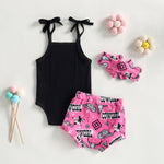 3pcs Sleeveless Knitted Jumpsuit Printed Shorts Headband  Summer Clothes Set 2023 Summer Baby Clothes Toddler Girl Baby Tops