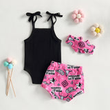 3pcs Sleeveless Knitted Jumpsuit Printed Shorts Headband  Summer Clothes Set 2023 Summer Baby Clothes Toddler Girl Baby Tops