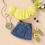 2pcs Short Sleeve Top+Denim Skirt Off Shoulder Kids Top Denim Buttons Skirt Set Casual  Children Clothing for Baby Girls