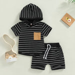 Baby Boy Hoodie Top+Shorts 2 Piece Striped T Shirt+Short Pants Casual Newborn Summer Outfit Set Hooded+Tie Front Short Pants