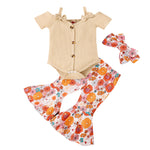 Baby Girl Solid Suspender+Pants Lovely T-Shirt Tops+Bell Bottoms 3 Piece Cute Tops+Floral Flare Pants Kids Clothes