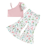 Baby Girls Clothes Set 2 Piece Floral Print Crop Top+Flared Pants Casual Patchwork Vest+Bell Bottoms Pants Set