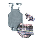 3pcs Sleeveless Knitted Jumpsuit Printed Shorts Headband  Summer Clothes Set 2023 Summer Baby Clothes Toddler Girl Baby Tops