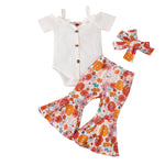 Baby Girl Solid Suspender+Pants Lovely T-Shirt Tops+Bell Bottoms 3 Piece Cute Tops+Floral Flare Pants Kids Clothes