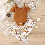 Baby Girl Solid Suspender+Pants Lovely T-Shirt Tops+Bell Bottoms 3 Piece Cute Tops+Floral Flare Pants Kids Clothes