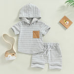 Baby Boy Hoodie Top+Shorts 2 Piece Striped T Shirt+Short Pants Casual Newborn Summer Outfit Set Hooded+Tie Front Short Pants