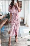 Amazon Women Summer Elegant Button Ruched Bandage Shirt Dress Fashion Casual Short Sleeve Solid V Neck Beach Maxi Dress