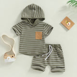 Baby Boy Hoodie Top+Shorts 2 Piece Striped T Shirt+Short Pants Casual Newborn Summer Outfit Set Hooded+Tie Front Short Pants