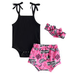 3pcs Sleeveless Knitted Jumpsuit Printed Shorts Headband  Summer Clothes Set 2023 Summer Baby Clothes Toddler Girl Baby Tops