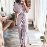 Amazon Women Summer Elegant Button Ruched Bandage Shirt Dress Fashion Casual Short Sleeve Solid V Neck Beach Maxi Dress