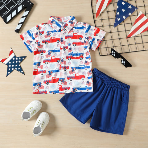 2pcs Boys&#39; Independence Day Button Tops+Short Pants  Short Sleeve T Shirt Shorts Prints Outfits Clothing Suits for Toddler Kids