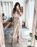 Amazon Women Summer Elegant Button Ruched Bandage Shirt Dress Fashion Casual Short Sleeve Solid V Neck Beach Maxi Dress