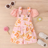 Baby Girls Summer Clothes Knee Length Ruffle Short Sleeve Tops Floral Overalls T-Shirt Suspender Pocket Shorts Outdoor Playwear