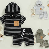 Baby Boy Hoodie Top+Shorts 2 Piece Striped T Shirt+Short Pants Casual Newborn Summer Outfit Set Hooded+Tie Front Short Pants