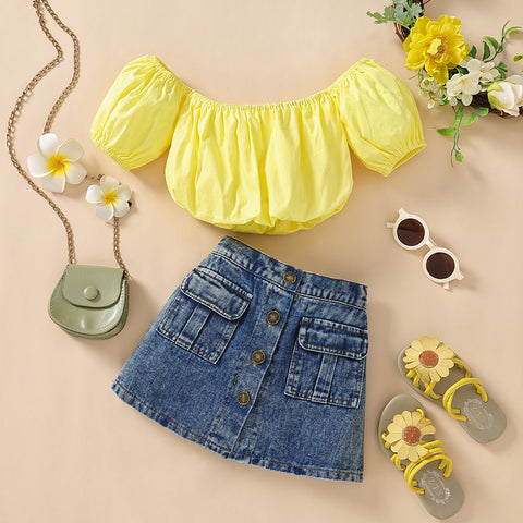 2pcs Short Sleeve Top+Denim Skirt Off Shoulder Kids Top Denim Buttons Skirt Set Casual  Children Clothing for Baby Girls