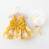 Children Baby Girl Bow Floral Dress And Hat Set Summer Sleeveless Printed Cotton Sweet Princess Dresses Casual Kids Clothing